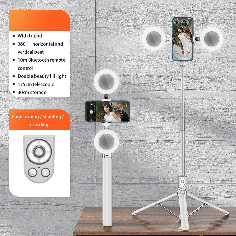 R17DS 1.75m Portable Bluetooth Selfie Stick Retractable Tripod Phone Stand with Dual Fill Lights 360-Degree Rotating Photography Live Streaming Devices - White
