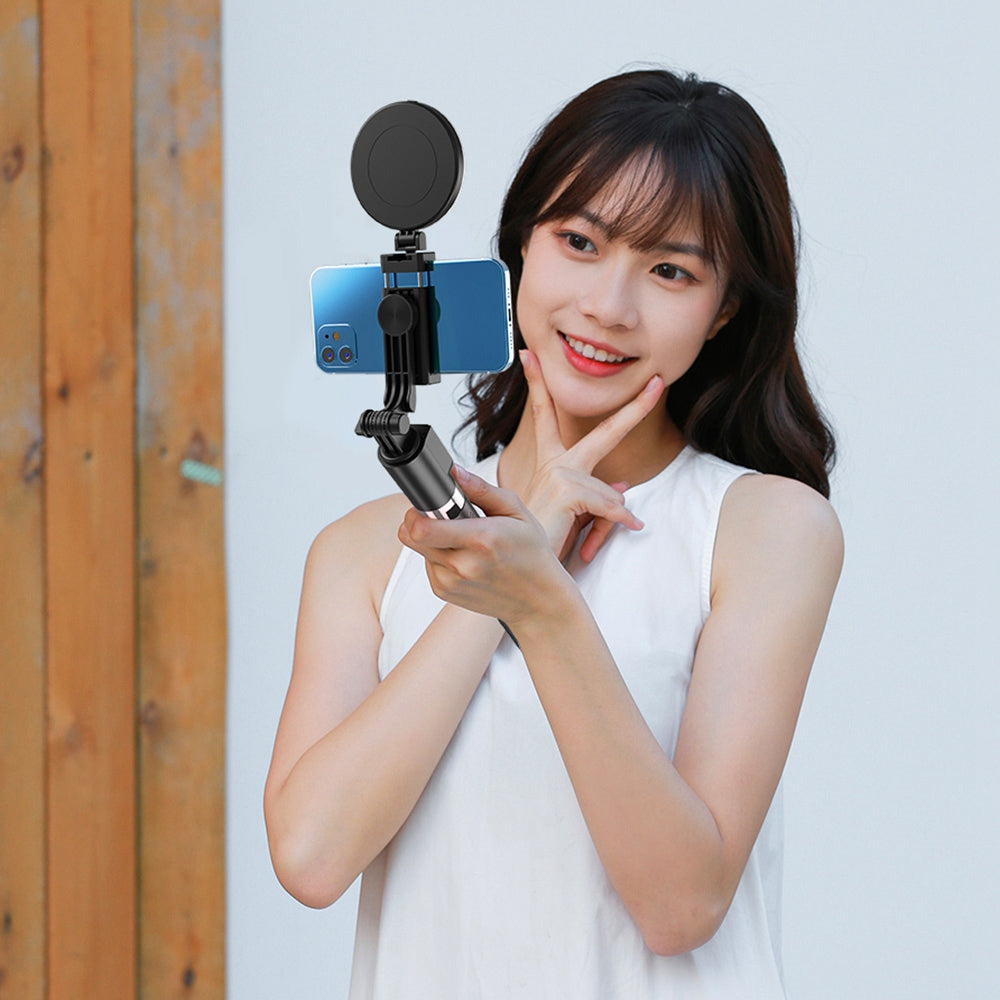 R17DS 1.75m Portable Bluetooth Selfie Stick Retractable Tripod Phone Stand with Dual Fill Lights 360-Degree Rotating Photography Live Streaming Devices - Pink