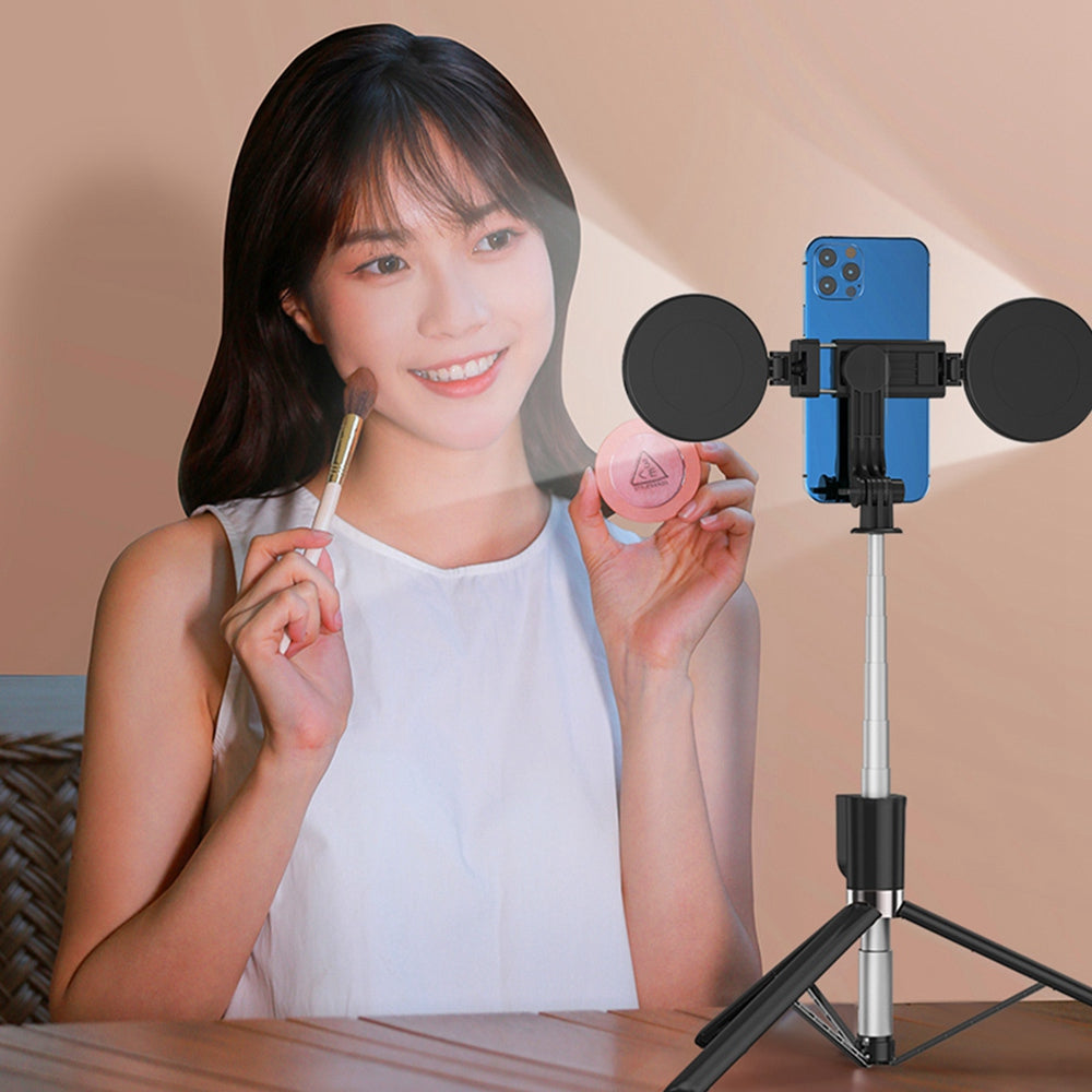 R17DS 1.75m Portable Bluetooth Selfie Stick Retractable Tripod Phone Stand with Dual Fill Lights 360-Degree Rotating Photography Live Streaming Devices - Pink