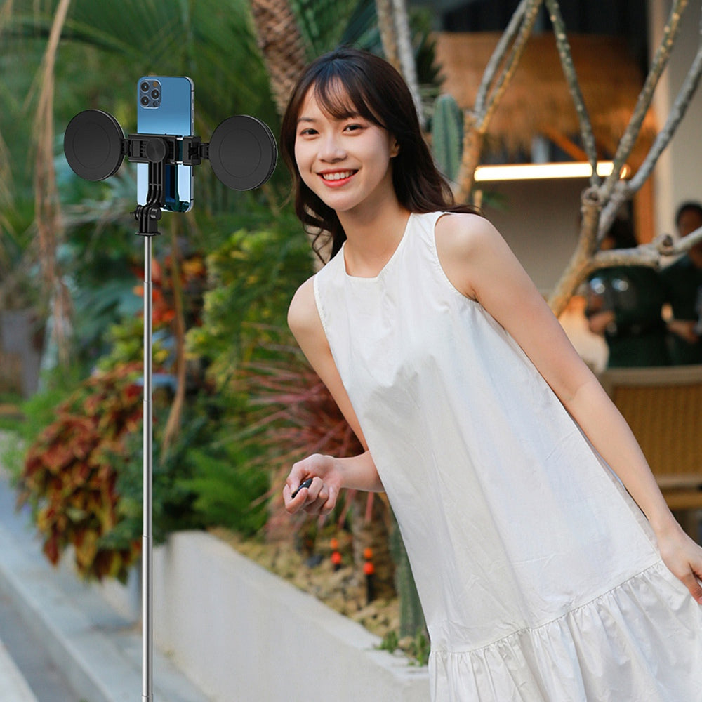 R17DS 1.75m Portable Bluetooth Selfie Stick Retractable Tripod Phone Stand with Dual Fill Lights 360-Degree Rotating Photography Live Streaming Devices - Pink