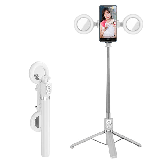 R13DS 1.3m Extendable Selfie Stick Wireless Bluetooth Remote Control Portable Tripod Stand with Fill Light and Mirror - White