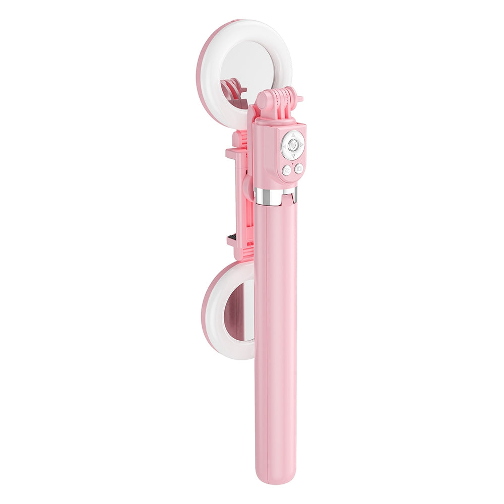 R13DS 1.3m Extendable Selfie Stick Wireless Bluetooth Remote Control Portable Tripod Stand with Fill Light and Mirror - Pink
