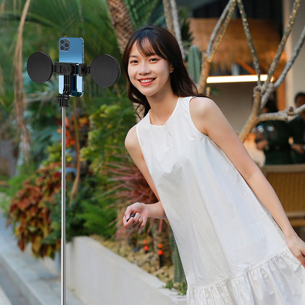 R13DS 1.3m Extendable Selfie Stick Wireless Bluetooth Remote Control Portable Tripod Stand with Fill Light and Mirror - Pink