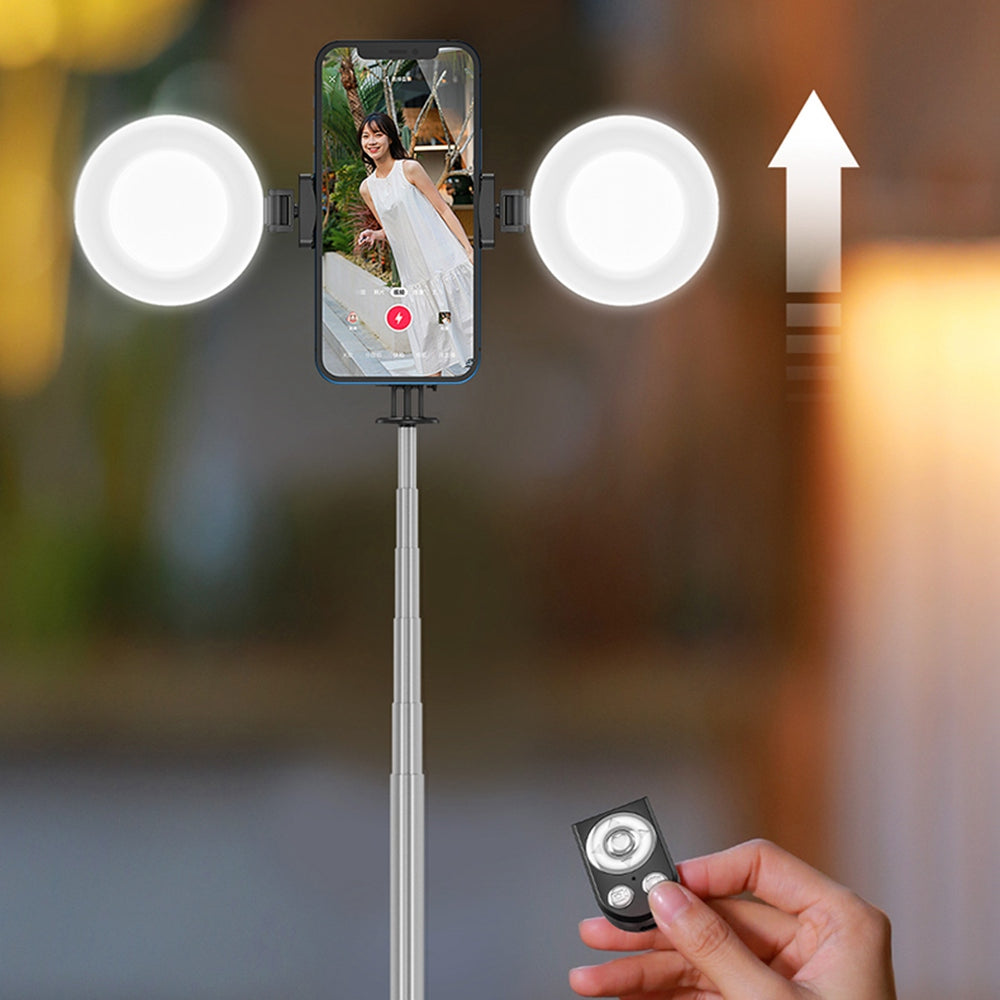 R13DS 1.3m Extendable Selfie Stick Wireless Bluetooth Remote Control Portable Tripod Stand with Fill Light and Mirror - Pink