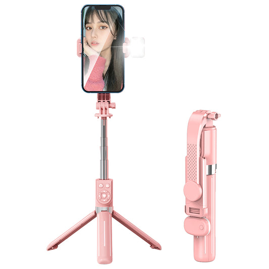 Z12S 105cm Mini Portable Extendable Bluetooth Remote Control Selfie Stick Phone Photography Tripod with Fill Light - Pink