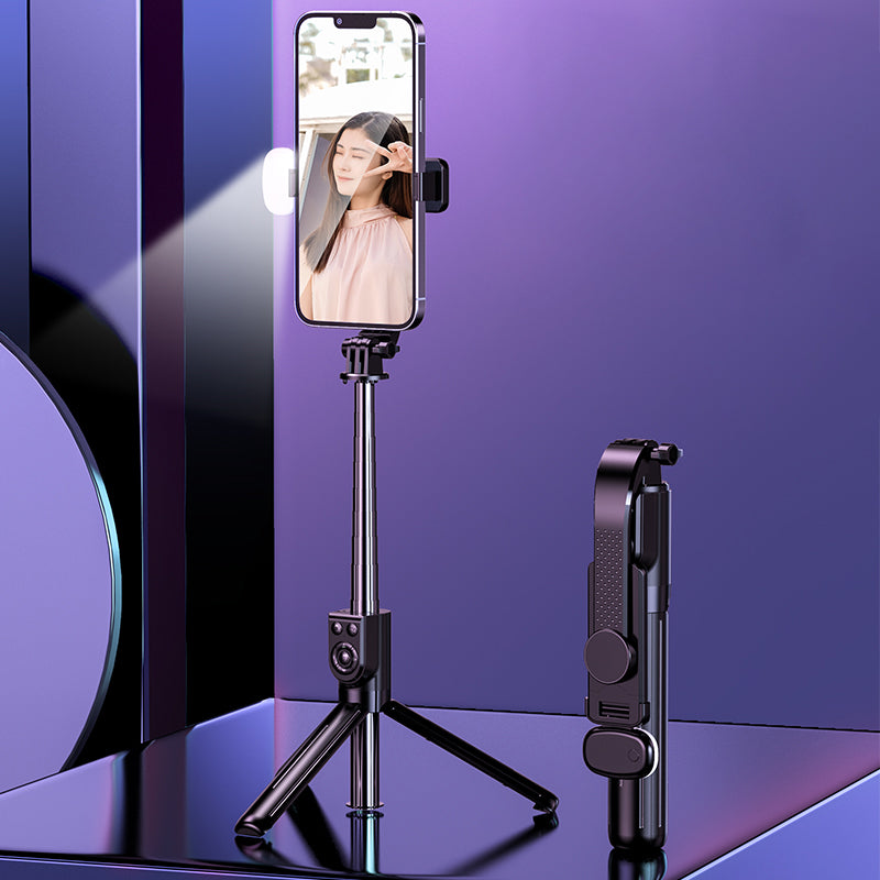 Z12S 105cm Mini Portable Extendable Bluetooth Remote Control Selfie Stick Phone Photography Tripod with Fill Light - Black