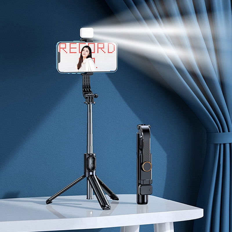 Z9S 105cm Extendable Wireless Bluetooth Remote Control Selfie Stick 360 Degrees Rotating Phone Live Streaming Bracket Tripod with Fill Light - Black