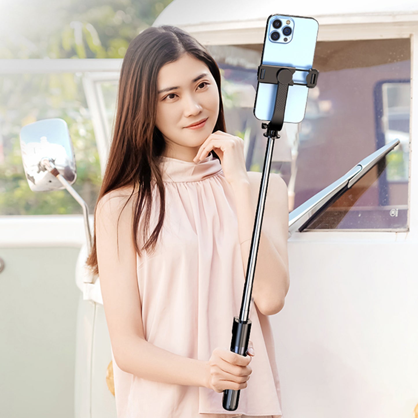 Z12 105cm Extendable Selfie Stick Phone Tripod with 7-Keys Rechargeable Remote Control, Portable Phone Stand - Pink