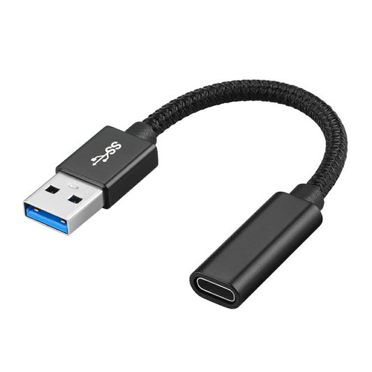 Portable USB-C Female to USB-A 3.0 Male Adapter Cable (Aluminum Alloy Plug + Braided Cable) - Black