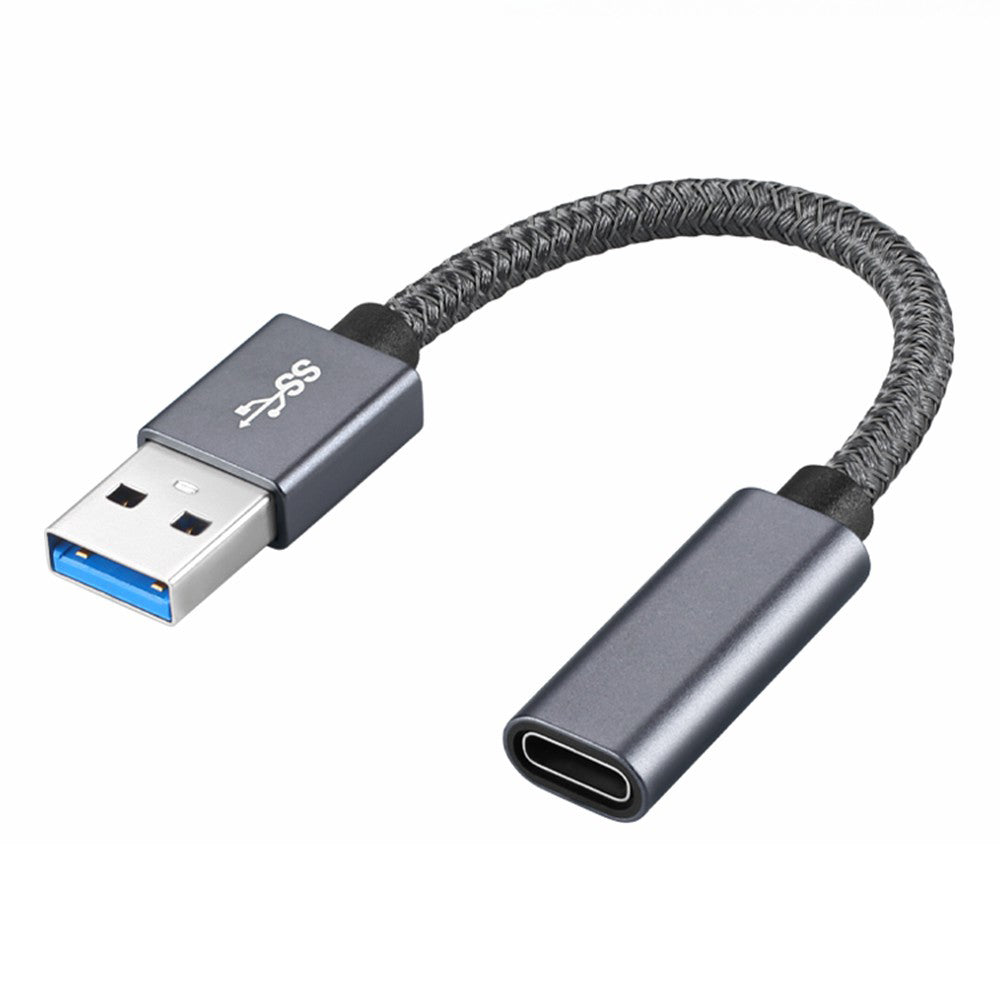 Portable USB-C Female to USB-A 3.0 Male Adapter Cable (Aluminum Alloy Plug + Braided Cable) - Grey
