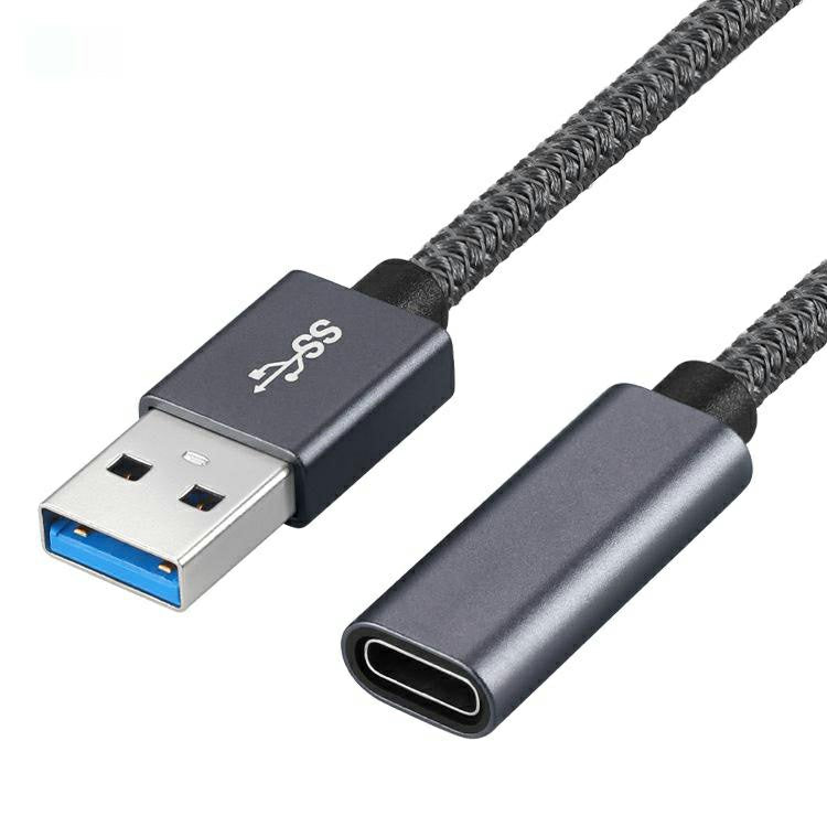 Portable USB-C Female to USB-A 3.0 Male Adapter Cable (Aluminum Alloy Plug + Braided Cable) - Grey