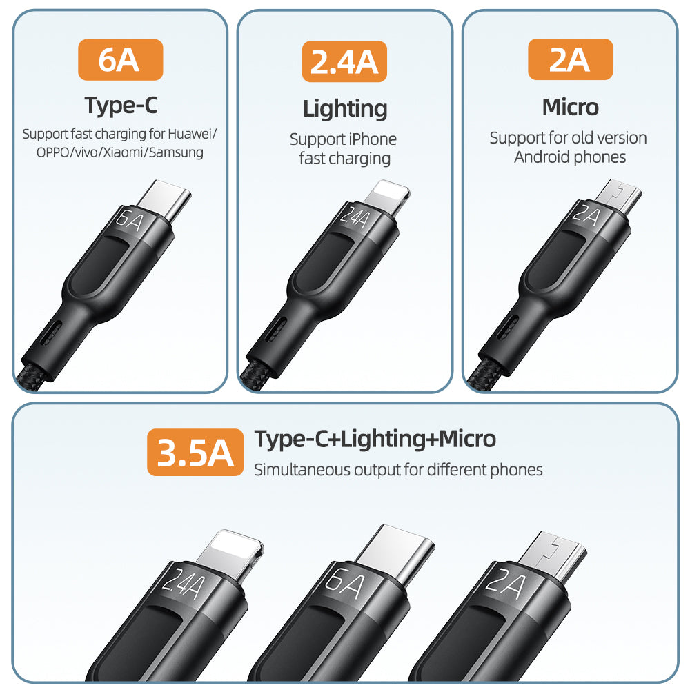 3 in 1 Super Fast Charging Cable High-speed Transmission Data Cable Flexible Braided Wire (L+M+T) - Black