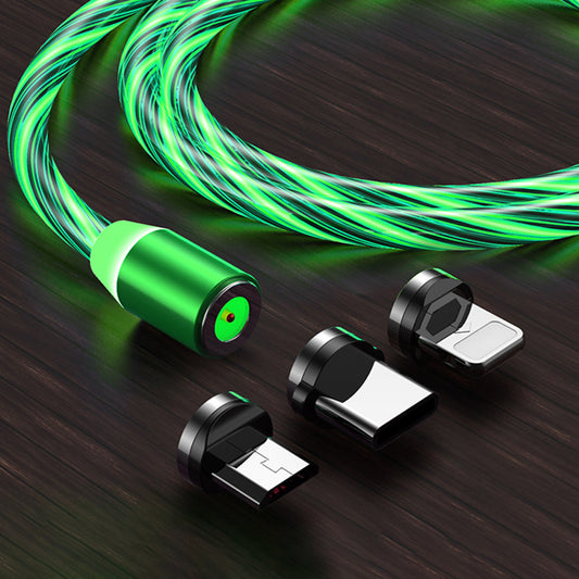 2m 3 in 1 Flowing Light Magnetic Charging Cable Gold-plated Connector Fast Charger USB Data Cord Compatible with Lightning/Micro-USB/Type-C - Green