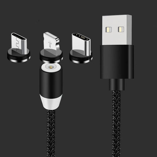 1m 3 in 1 Magnetic Nylon Braided Charging Cable 2.1A USB Data Cord Magnet Fast Charger Compatible with Lightning/Micro-USB/Type-C - Black