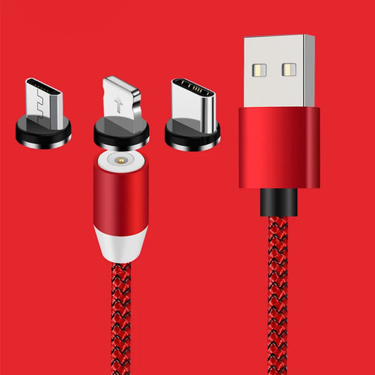 2m 3 in 1 Nylon Braided Magnetic Charging Cable 2.1A Magnet Fast Charger USB Data Cord Compatible with Lightning/Micro-USB/Type-C - Red