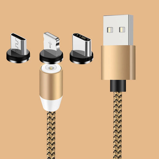 2m 3 in 1 Nylon Braided Magnetic Charging Cable 2.1A Magnet Fast Charger USB Data Cord Compatible with Lightning/Micro-USB/Type-C - Gold