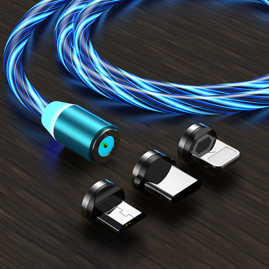 1m 3 in 1 Flowing Light Fast Charger USB Data Cord Gold-plated Connector Magnetic Charging Cable Support Lightning/Micro-USB/Type-C - Blue
