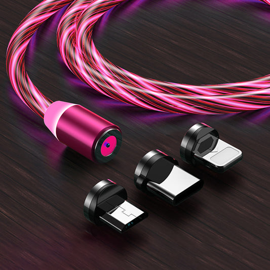1m 3 in 1 Flowing Light Fast Charger USB Data Cord Gold-plated Connector Magnetic Charging Cable Support Lightning/Micro-USB/Type-C - Red