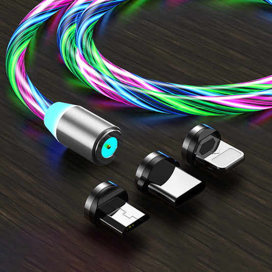 1m 3 in 1 Flowing Light Fast Charger USB Data Cord Gold-plated Connector Magnetic Charging Cable Support Lightning/Micro-USB/Type-C - Multi-color