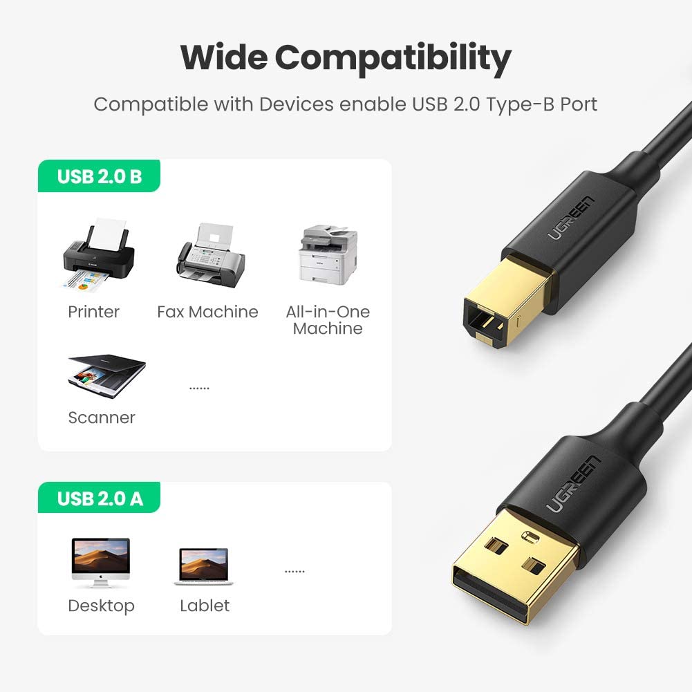 Uniqkart 5m Type B Male to A Male Gold Plated Connector USB 2.0 Printer Cable for HP Canon Epson
