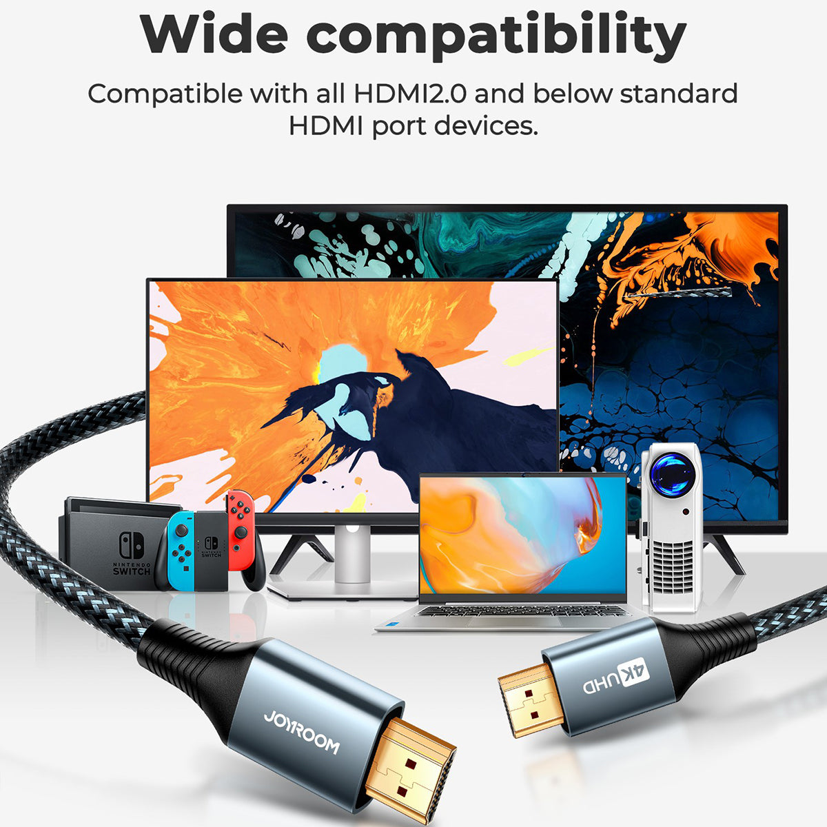 Uniqkart 20H1 2m HDMI Male to Male Cable for TV Projectors Gold Plated Port 4K 60HZ Output HD Video Cord - Grey