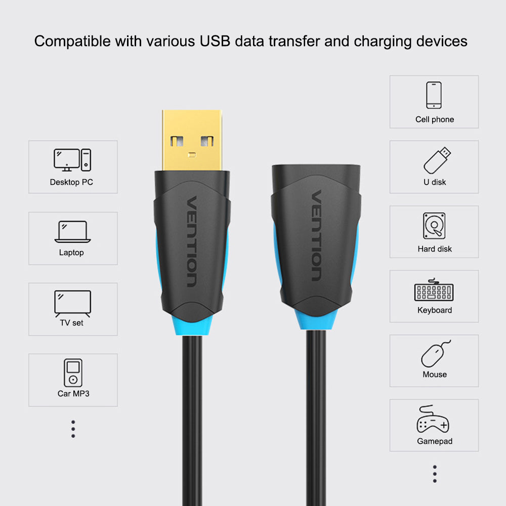 VENTION CBCBD 0.5m USB 2.0 Extension Cable Data Cable for Xbox One PC Smart TV, Black