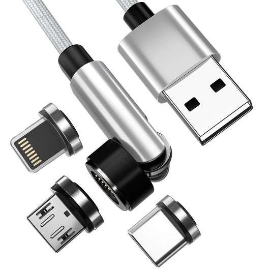 1m 540 Degrees Adjustable Magnetic Data Cord Fast Charging Cable with Micro+Type-C+Lightning Plug - Silver