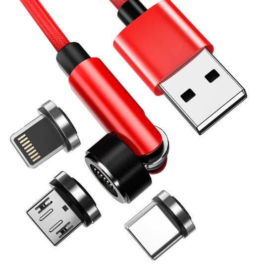 2m Magnetic Fast Charging Cable 540 Degrees Rotating Braided Data Cord with Micro+Type-C+Lightning Plug - Red