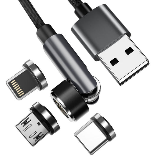 2m Magnetic Fast Charging Cable 540 Degrees Rotating Braided Data Cord with Micro+Type-C+Lightning Plug - Black