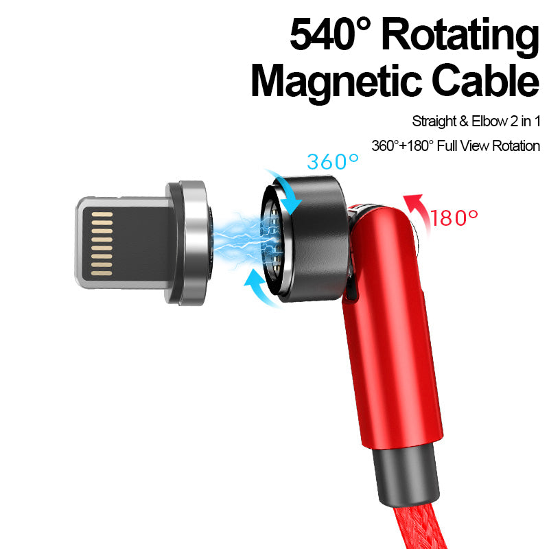 2m 540 Degrees Rotating Magnetic Fast Charging Cable Lightning Plug Braided Data Cord - Red