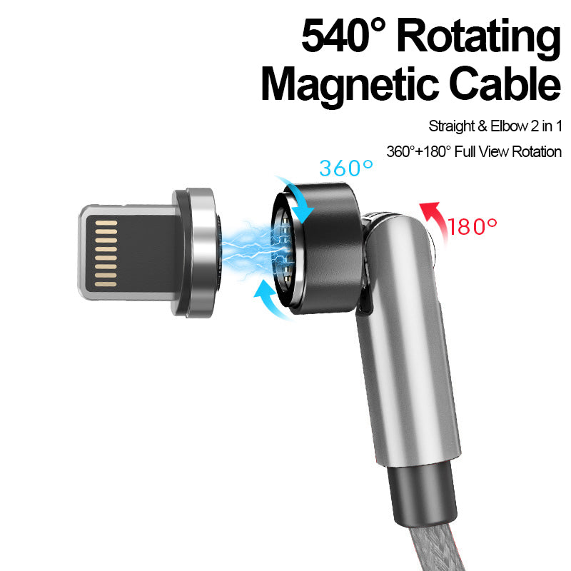 2m 540 Degrees Rotating Magnetic Fast Charging Cable Lightning Plug Braided Data Cord - Silver