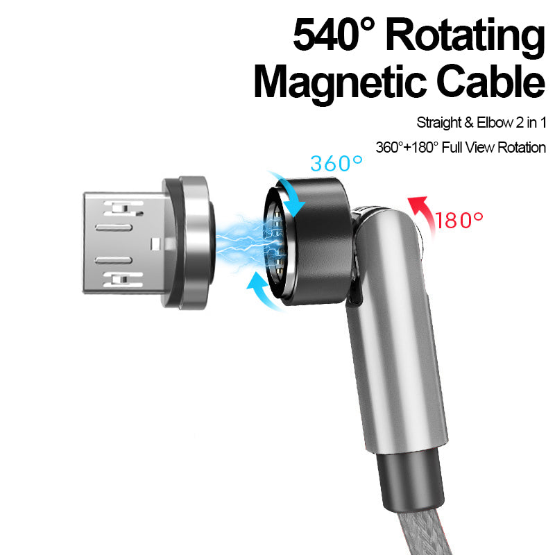 1m Nylon Braided Data Cord Fast Charging Cable + 540 Degrees Rotating Magnetic Attraction Micro Plug - Silver