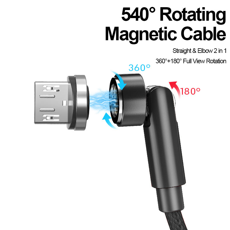 2m Fast Charging Data Cable + Micro Plug 540 Degrees Rotating Magnetic Attraction Converter - Black