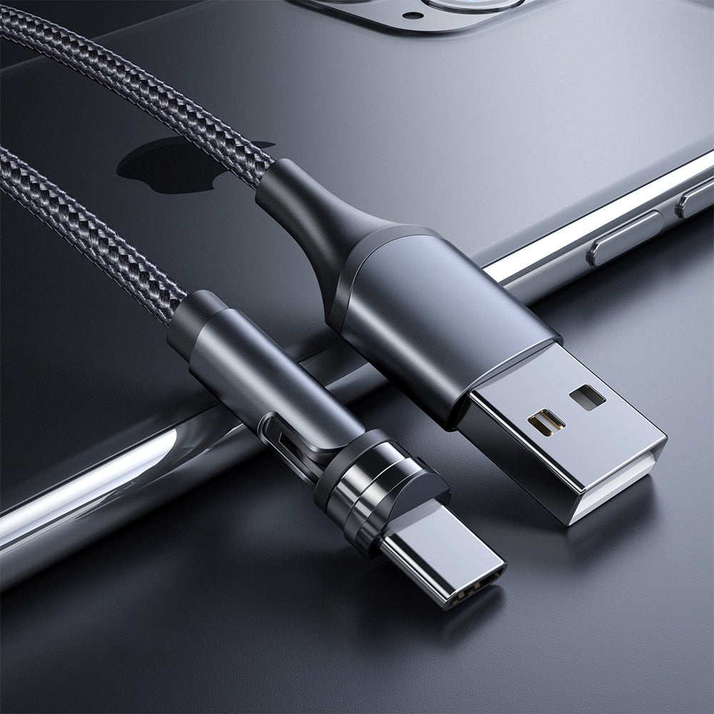 1m 540 Degrees Rotatable Braided Charging Cable + Magnetic Plug USB to Type-C Data Cable - Black