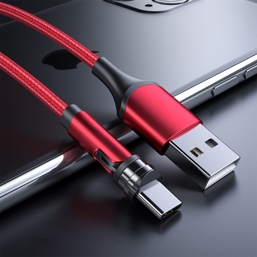1m 540 Degrees Rotatable Braided Charging Cable + Magnetic Plug USB to Type-C Data Cable - Red