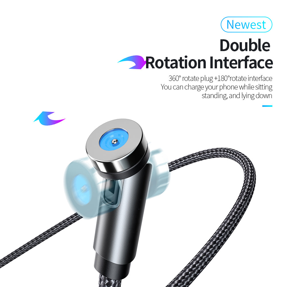 2m Data Sync Cord 540 Degrees Rotatable Braided Charging Cable + Lightning Plug - Black