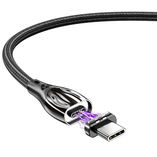 1m Magnetic Adsorption 5A Fast Charging Cable Zinc Alloy Connector Braided Data Cord with Type-C Plug - Black