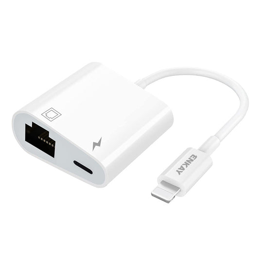 2 in 1 RJ45 Ethernet Adapter Lightning Male to Lightning Female+Ethernet Ports Adapter Cable Connector Lightning to RJ45 Ethernet Converter Support 100Mbps Transmission