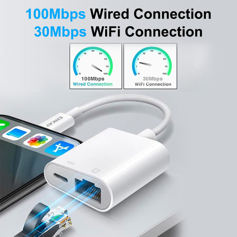 2 in 1 RJ45 Ethernet Adapter Lightning Male to Lightning Female+Ethernet Ports Adapter Cable Connector Lightning to RJ45 Ethernet Converter Support 100Mbps Transmission