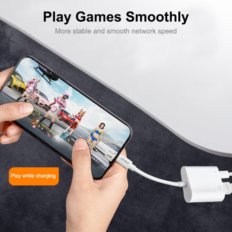 2 in 1 RJ45 Ethernet Adapter Lightning Male to Lightning Female+Ethernet Ports Adapter Cable Connector Lightning to RJ45 Ethernet Converter Support 100Mbps Transmission