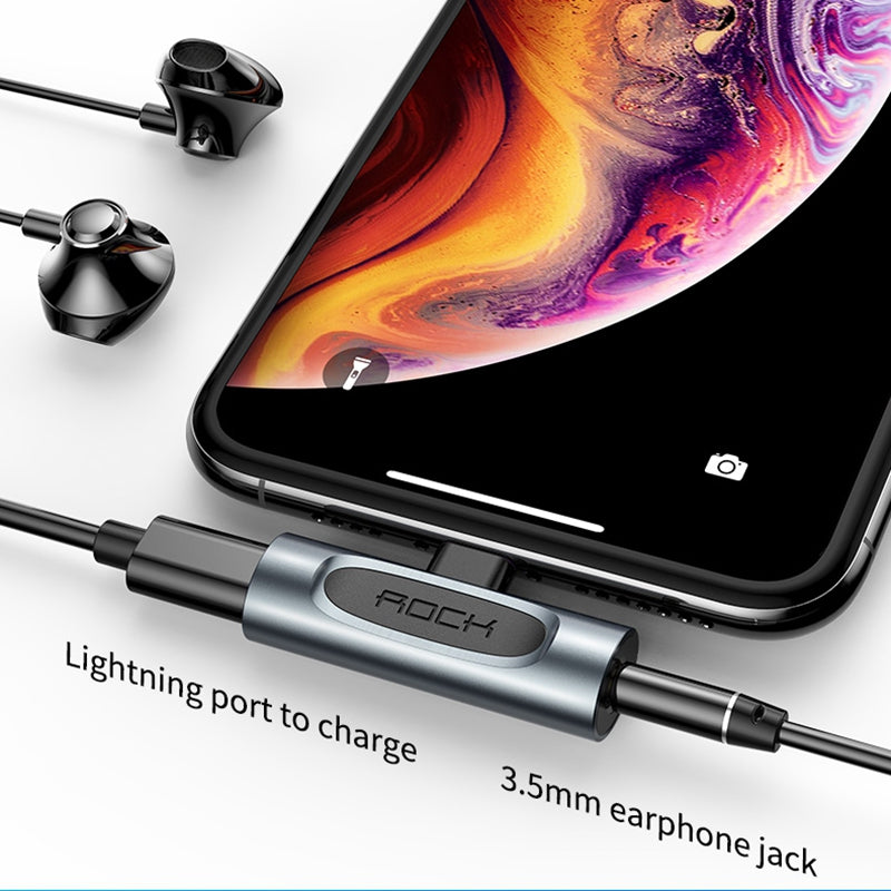ROCK A Type Lightning Male to Lightning + 3.5mm Female Jack Charging Converter Metal Earphone Audio Adapter