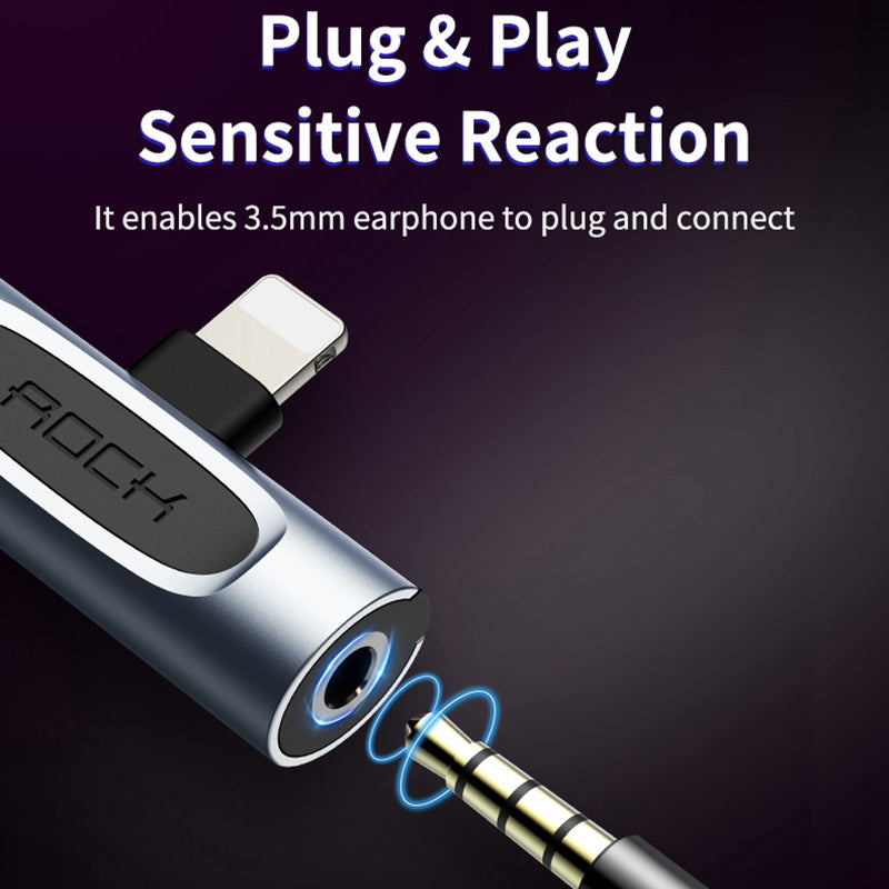 ROCK A Type Lightning Male to Lightning + 3.5mm Female Jack Charging Converter Metal Earphone Audio Adapter