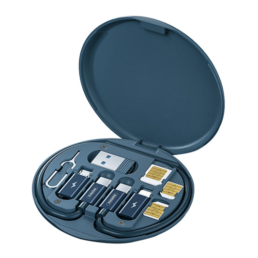REMAX RC-190 Multi-Functional Cable Card Carrying Case with Type-C Cable, Micro-USB / Lightning / USB Adapter Kit Cable Converter Storage Box Support Data Transfer - Blue
