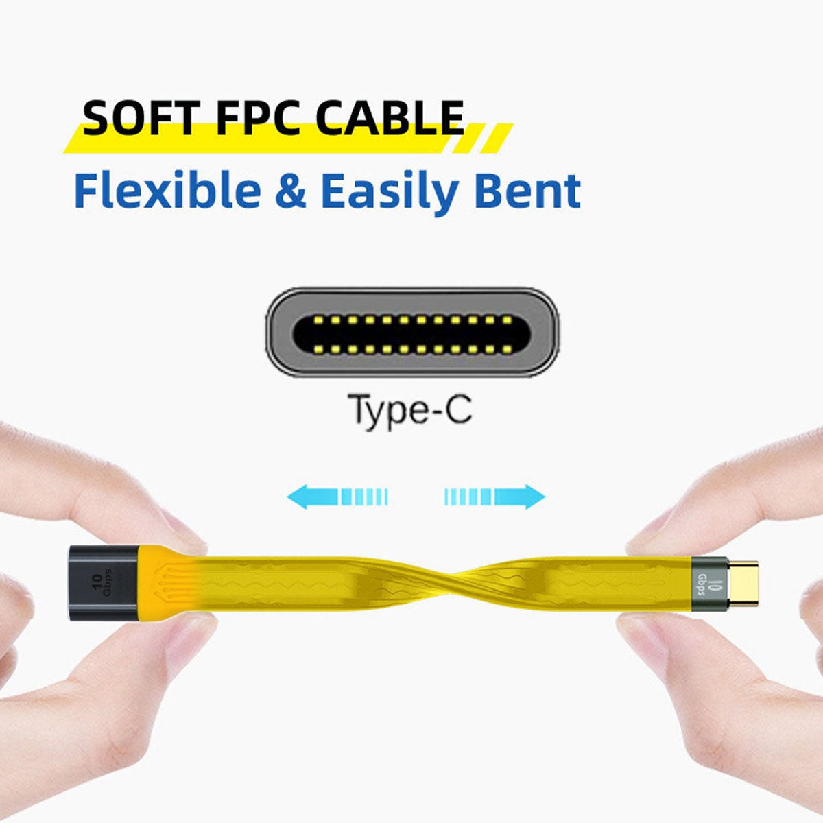 13cm USB 3.1 Type-C Male Host to USB 3.0 Type A Female OTG Flat Slim FPC 10Gbps Data Cable for Laptop Phone - Yellow