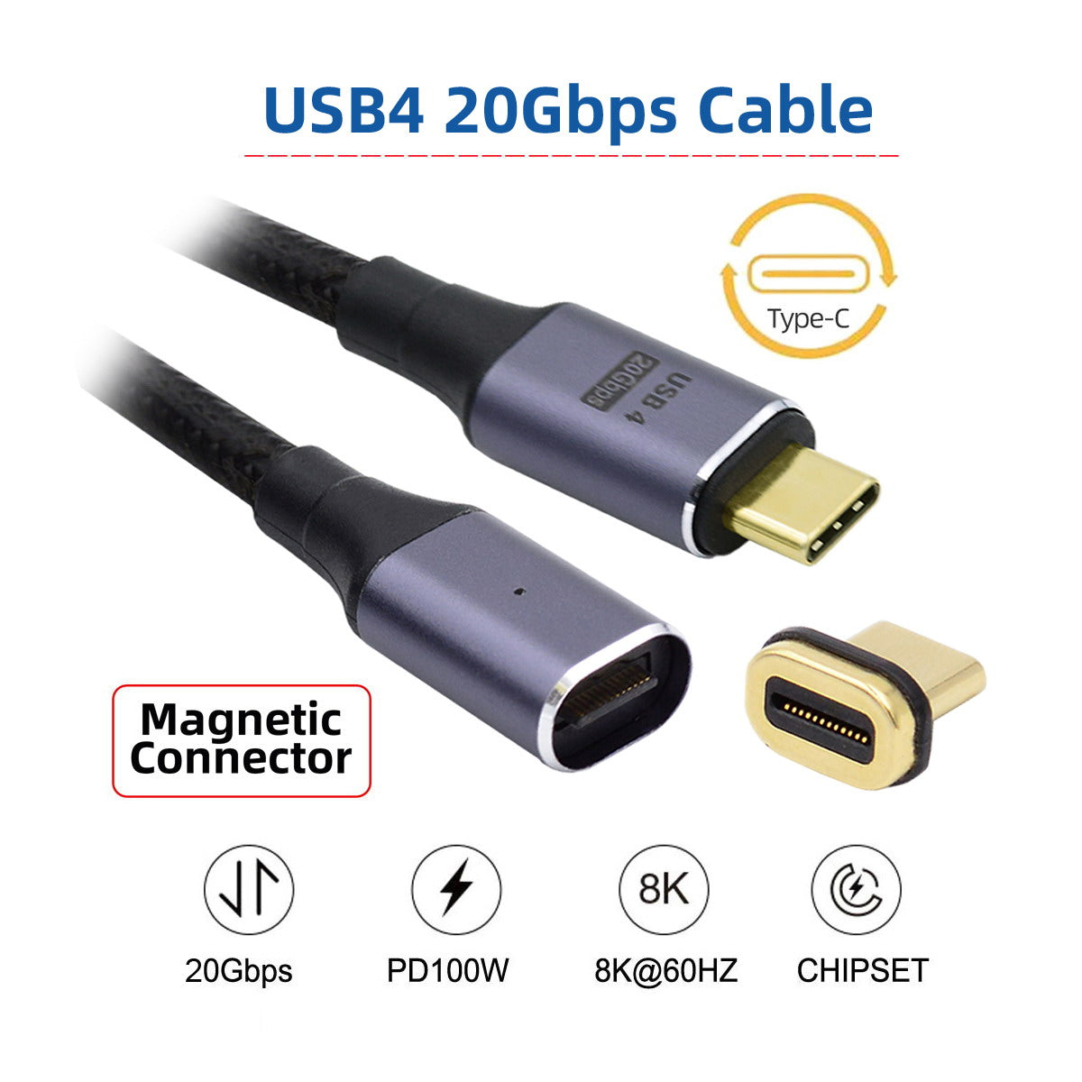 UC-034-BK Magnetic Connector USB4 Male to Male USB-C Cable 20Gbps 100W Charging Cord 8K / 5K Video Cable