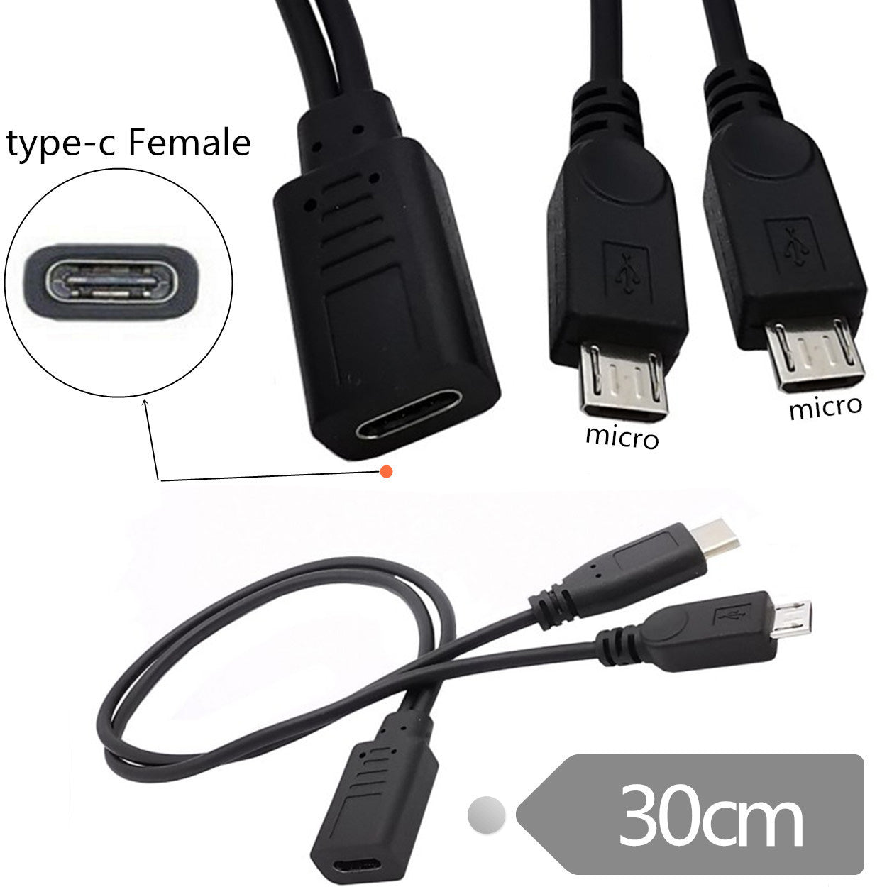 U2-069-TC003 Type-C Female DC 5V to Dual Micro USB 5Pin Male Splitter Extension Charge Cable