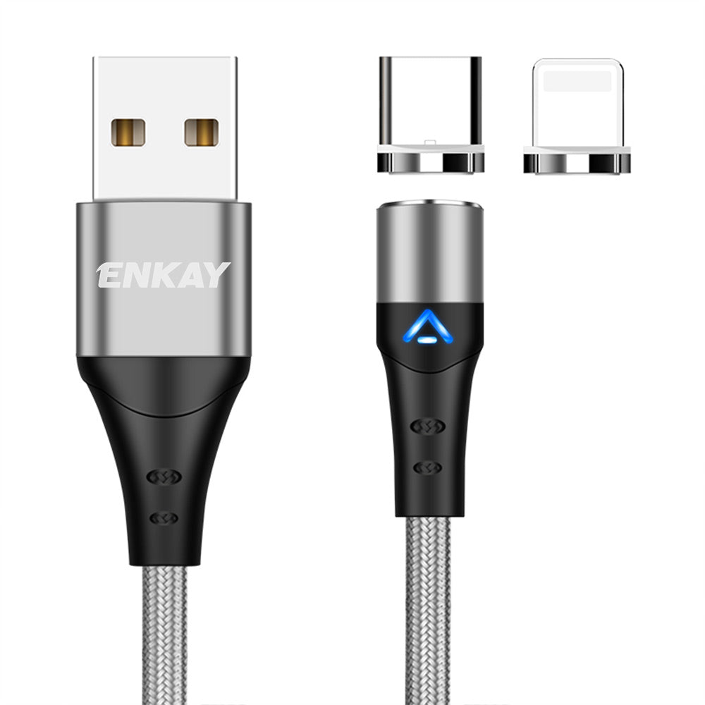 Uniqkart 1m Magnetic 3A Fast Charging Cable 2-in-1 USB to Lightning + Type-C Data Cord - Silver