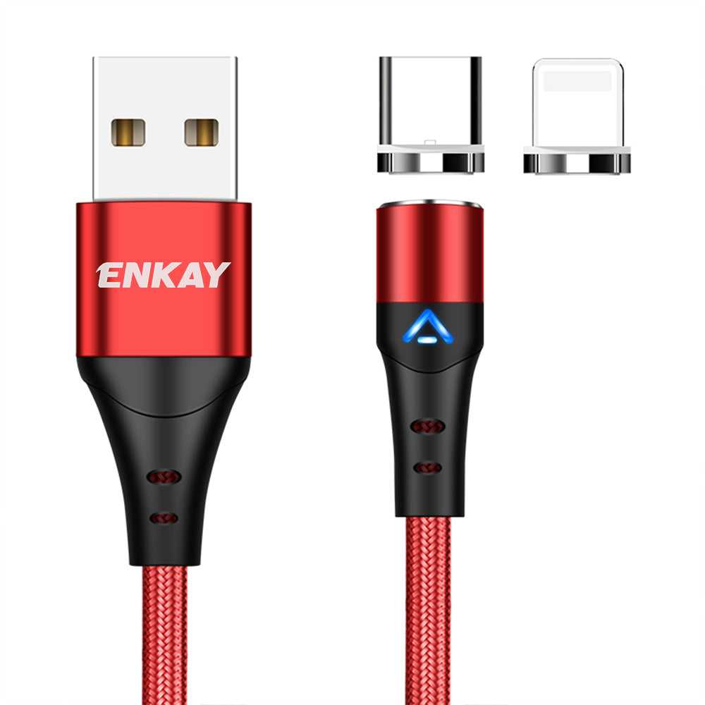 Uniqkart 1m Magnetic 3A Fast Charging Cable 2-in-1 USB to Lightning + Type-C Data Cord - Red