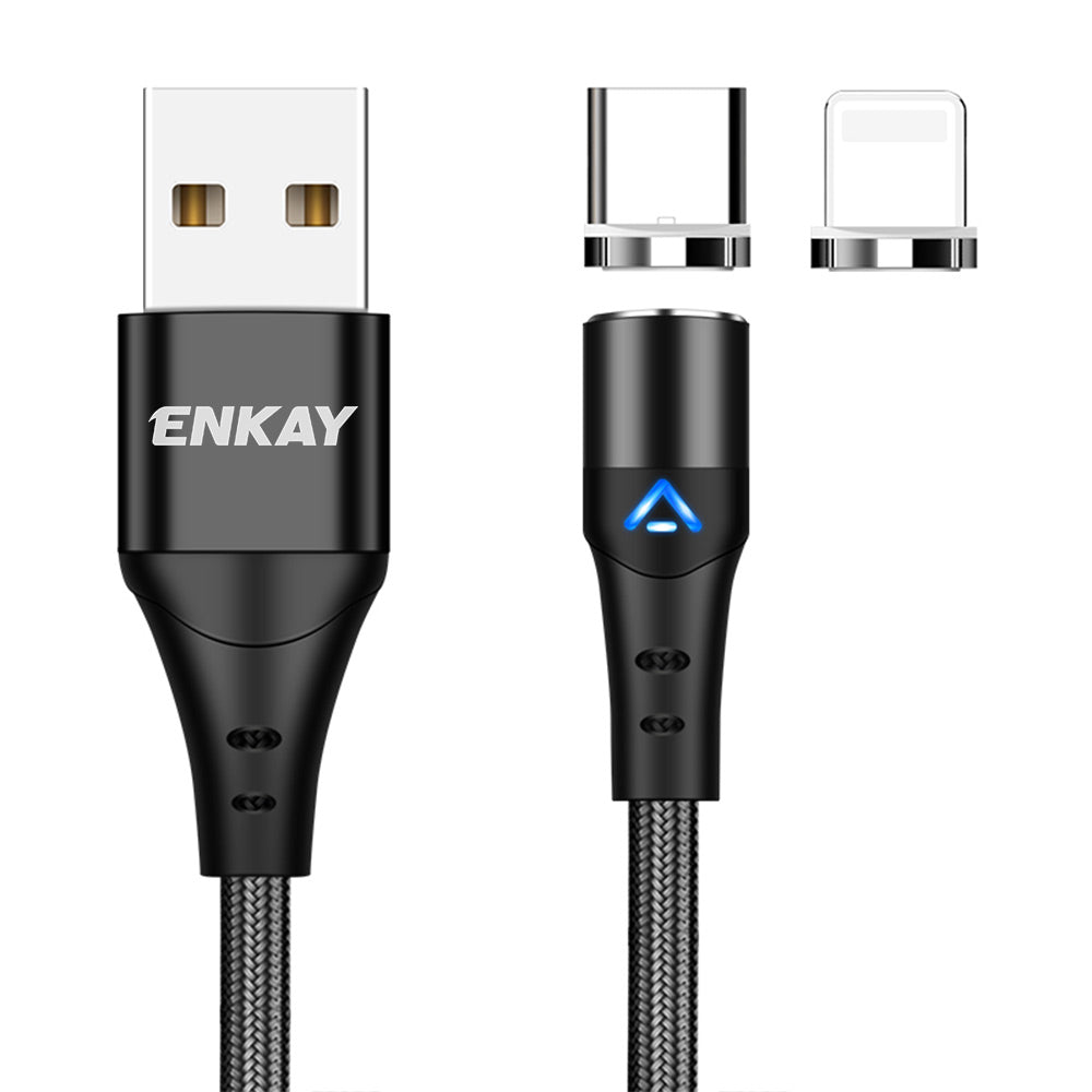 Uniqkart 1m Magnetic 3A Fast Charging Cable 2-in-1 USB to Lightning + Type-C Data Cord - Black