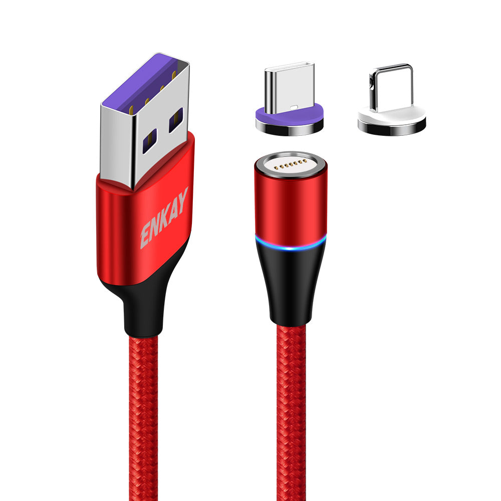 Uniqkart 1m 5A Fast Charging Magnetic Data Cable 2-in-1 USB to Lightning + Type-C Cord - Red